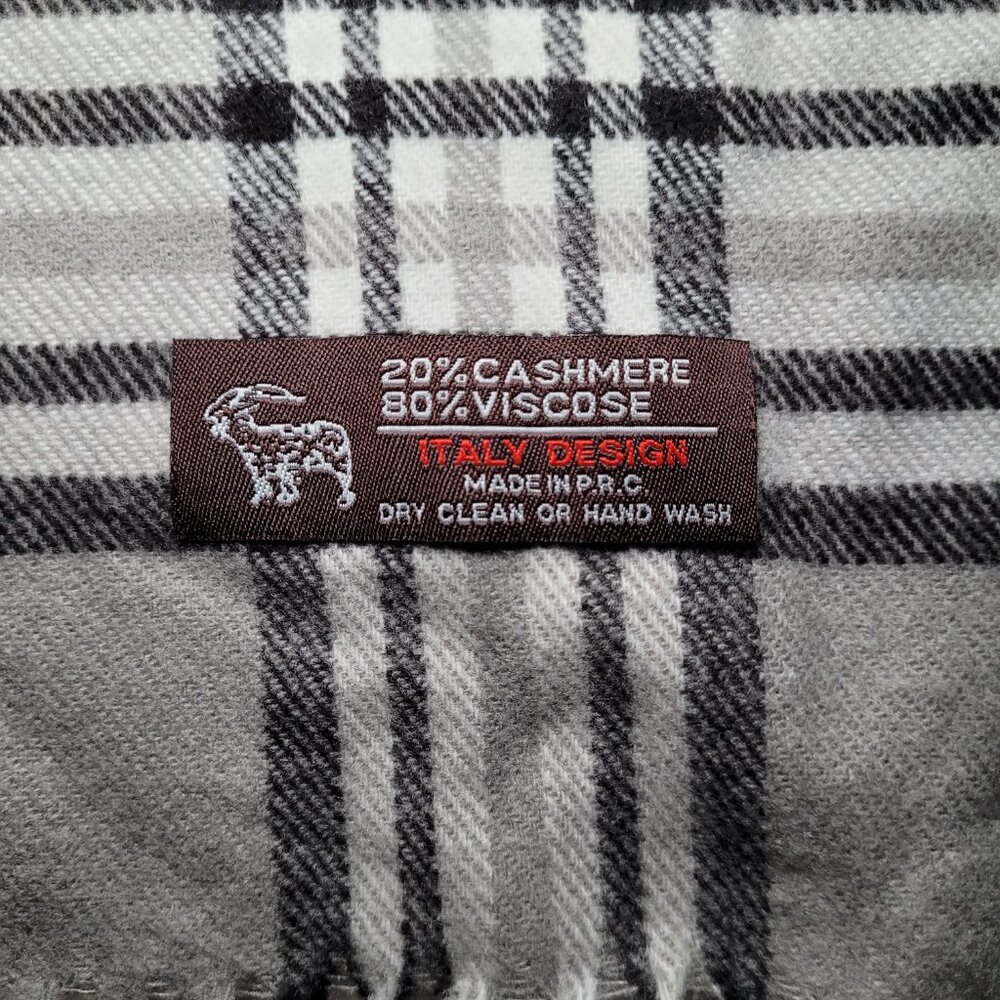 Womens Scarf Cashmere Blend Fringe Italy Design Gray Black Red Plaid - Picture 2 of 6